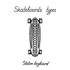 Skaeboard types, Slalom longboard, doodle black ink drawing, woodcut style with handwritten inscription