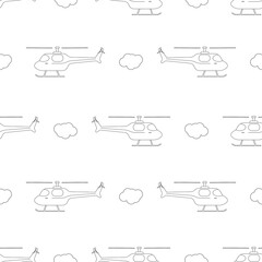 Seamless patterns. Helicopter with doodle clouds isolated on white background. Vector illustration.