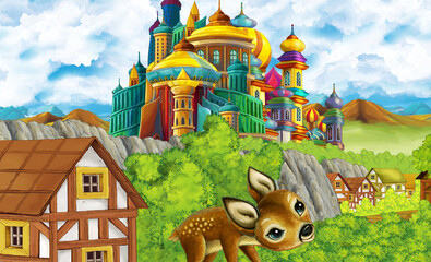 cartoon kingdom castle mountain forest farm illustration