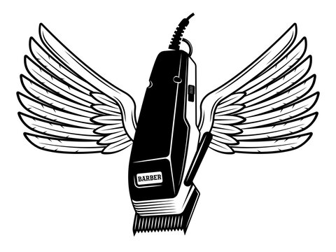 Electrical hair clipper with wings vector illustration in monochrome vintage style isolated on white background