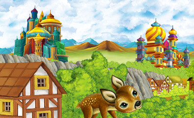 cartoon kingdom castle mountain forest farm illustration