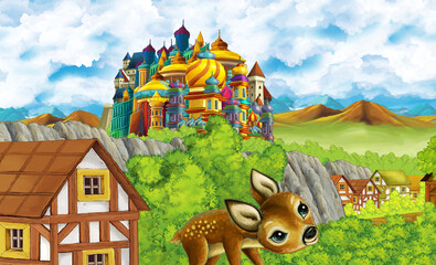 cartoon kingdom castle mountain forest farm illustration