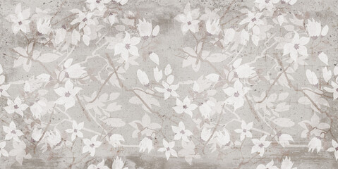 Flowers on the wall background, digital wall tiles or wallpaper design. cement texture on the flower background 