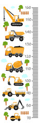 Construction crane wall meter or height chart. Vector illustration, construction machines. For a boy. Excavator, dump truck, crane, tractor. Yellow