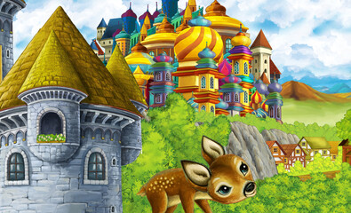 cartoon kingdom castle mountain forest farm illustration