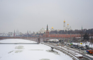 Panorama of Kremlin, St. Basil’s Cathedral on Red Square in Moscow in winter