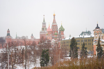 Panorama of Kremlin, St. Basil’s Cathedral on Red Square in Moscow in winter