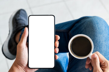mockup copy space phone, man's hand holding smartphone with blank white copy screen for your...