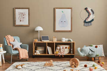 Stylish scandinavian kid room interior with toys, teddy bear, plush animal toys, mint armchair,...