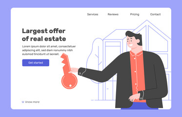 Man realtor with a key on the background of the house. Property For Sale. Landing page concept template. Site with offers for the of real estate. Vector flat illustration.