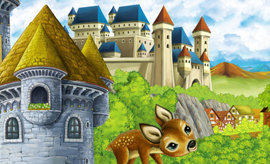 cartoon kingdom castle mountain forest farm illustration