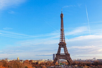 Eiffel Tower with blue sky . Classical Paris photo . France capital city 