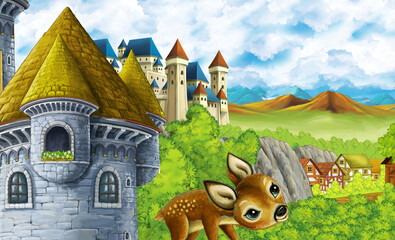 cartoon kingdom castle mountain forest farm illustration