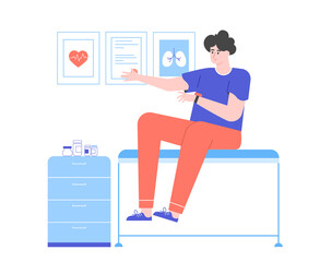 The man sits in the doctor's office and looks at his watch. Waiting for a medical worker. Late arrival of a specialist. Long wait. Vector flat illustration.
