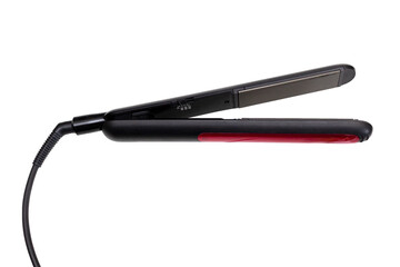 Hair straightener with a red insert, isolated on a white background. Straight hair.