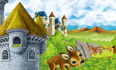 cartoon kingdom castle mountain forest farm illustration