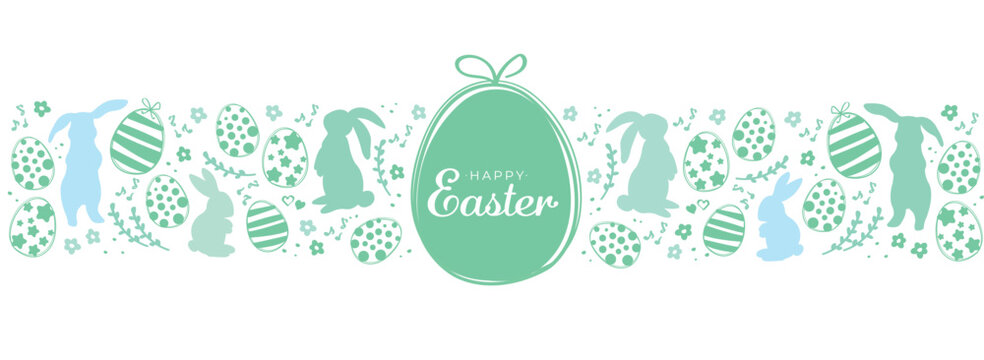 Easter banner with easter eggs and rabbit. Spring minimalist vector design.