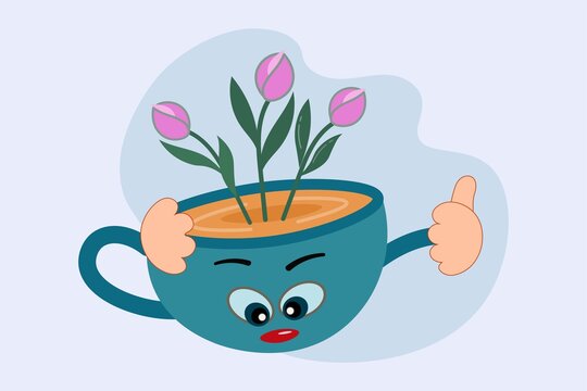 Festive cartoon cup. Funny mascot, cute coffee mug with anthropomorphic face, hands and bouquet of tulips. Isolated cute tableware. Vector illustration of comic kitchen utensils.