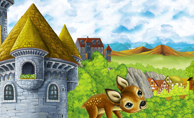cartoon kingdom castle mountain forest farm illustration