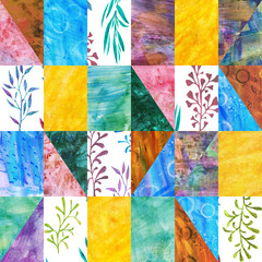 Seamless pattern in patchwork style. Digital image with hand painted texture. endless mixed media motif for textile decor and design.