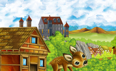 cartoon kingdom castle mountain forest farm illustration