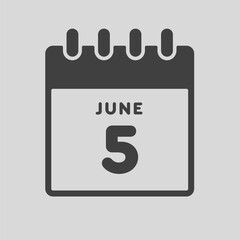Icon day date 5 June, template calendar page