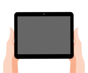 Female hands hold tablet black color on white background. Vector illustration in cartoon style.