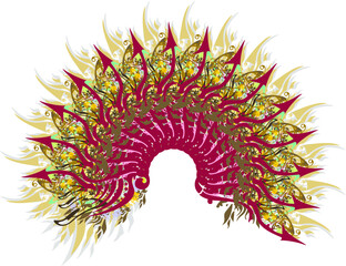 Beautiful dark red and golden arch splashes. Abstract fan of feathers and arrows with floral motifs for backgrounds and textures, textiles, wallpaper, postcards, posters, prints, etc.