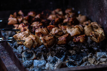 Fresh shish kebab on skewers is fried on the grill. Grilled meat on skewers.