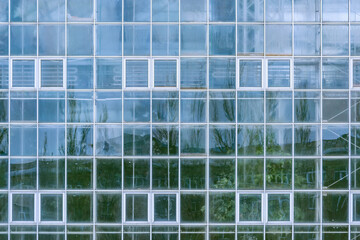 Fototapeta na wymiar Old glass and metal wall of the greenhouse.