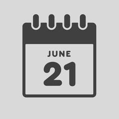 Icon day date 21 June, template calendar page