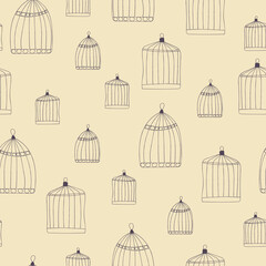 Seamless pattern with bird cages. Vector contemporary illustration in the style of primitivism.