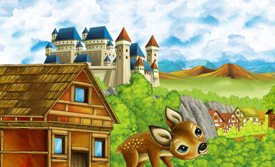 cartoon kingdom castle mountain forest farm illustration