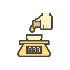 Pharmaceutical production industry or lab test vector icon. Process of weighing substrate consist of balance scale or measurement weigh equipment, liquid or chemical drop, test tube, scientist hand.