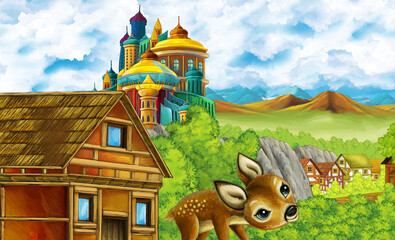 cartoon kingdom castle mountain forest farm illustration