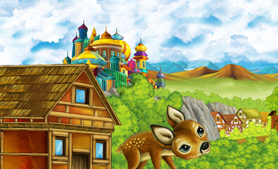 cartoon kingdom castle mountain forest farm illustration
