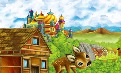 cartoon kingdom castle mountain forest farm illustration