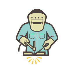 Welder vector icon. Also called craftsman, worker or labor. Who use tool and safety equipment to welding joint metal for industrial work i.e. fabrication, construction, production and metalworking.
