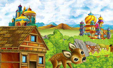 cartoon kingdom castle mountain forest farm illustration