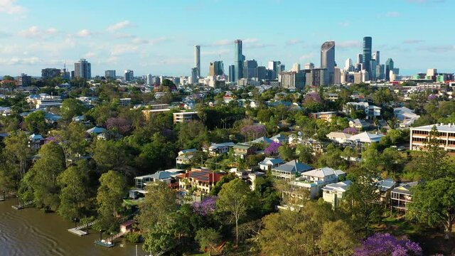 Aerial view of the Brisbane River and homes in the Dutton Park suburb of Brisbane, Queensland, Australia
