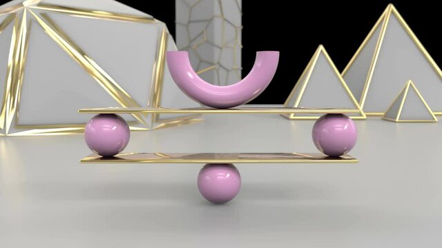 3d looped animation of perfect balance from geometric objects. Glamour design with smooth movement.