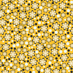 Vector seamless pattern with flowers in grey and white on a yellow background.