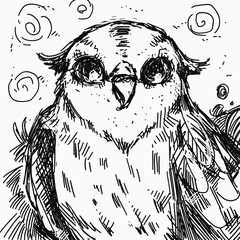 Digitally drawn illustration. Graphic style. Can be used as tattoo, print or background. Owl drawing. 