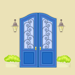 Facade of Front Double Door with Decorative Bushes in Cachepot and Light Vector Illustration