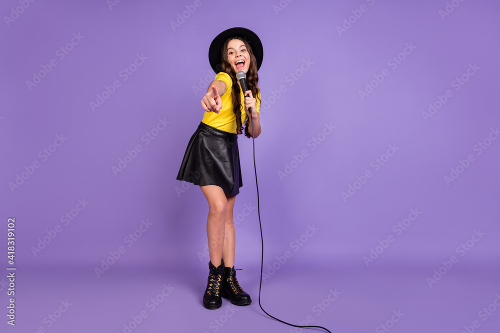 Canvas Prints full size photo of nice optimistic brunette hairdo girl sing in mic wear cap t-shirt skirt isolated 