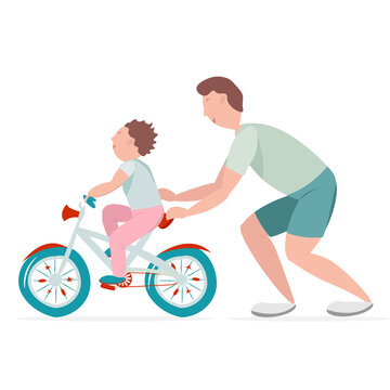 father teaches his son to ride a bicycle. A man helps a boy ride a bicycle. Vector illustration. Fun outdoor activity with your child.