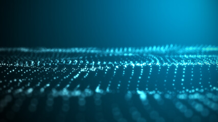 Fototapeta premium Abstract wave with moving dots. Flow of particles. Cyber technology illustration. 3d rendering