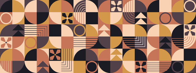 Retro mosaic seamless pattern, colorful geometric tiles design wide wallpaper
