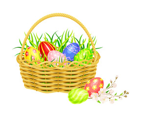 Painted or Foiled Easter Eggs or Paschal Eggs Rested in Wicker Basket in Green Grass Vector Illustration