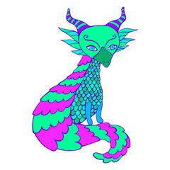 Funny little fairy tale colorful Dragon sitting with a beautiful coiled tail, isolated on white background.